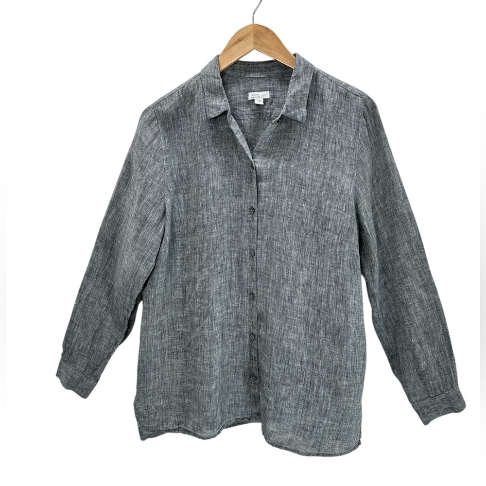 J Jill Love Linen Essential Long Sleeve Button Shirt Relaxed Gray Minimal Med